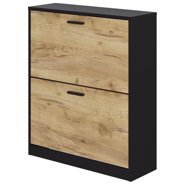 Meuble a chaussure 2 portes - Décor chene et noir - 74x25x88 cm - Leo