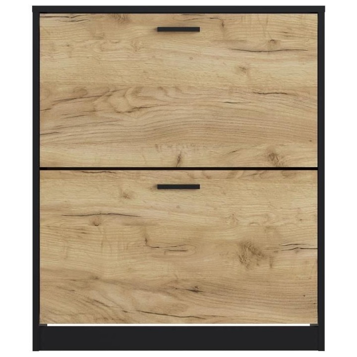 Meuble a chaussure 2 portes - Décor chene et noir - 74x25x88 cm - Leo