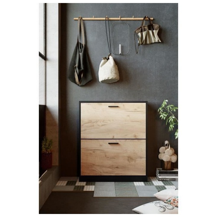 Meuble a chaussure 2 portes - Décor chene et noir - 74x25x88 cm - Leo