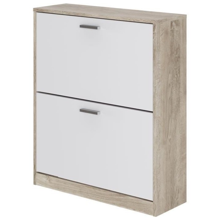 Meuble a chaussure 2 portes - Décor chene et blanc - 74x25x88 cm - Le