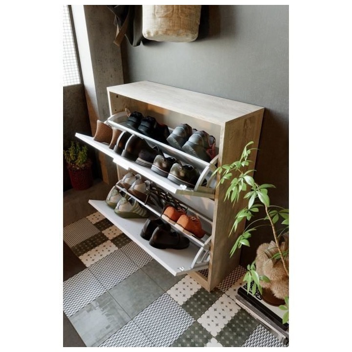 Meuble a chaussure 2 portes - Décor chene et blanc - 74x25x88 cm - Le