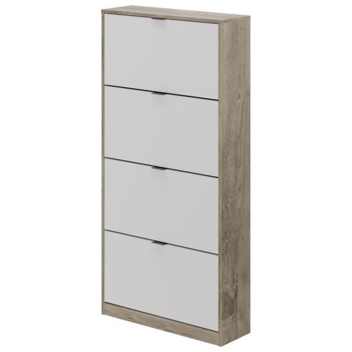 Meuble a chaussures - 4 Portes - Chene et blanc - 75x24x154 cm - Leona