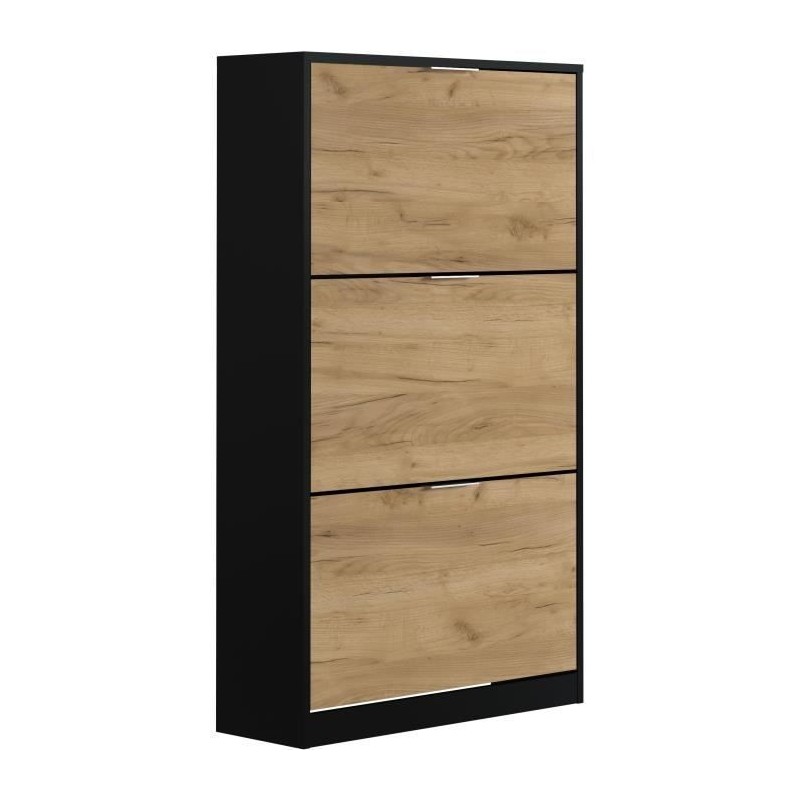 Meuble a chaussure 3 portes - Décor chene et noir - 75x25x128 cm - Leona