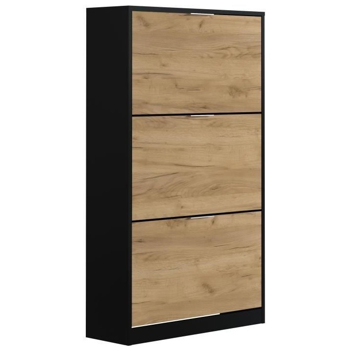 Meuble a chaussure 3 portes - Décor chene et noir - 75x25x128 cm - Le