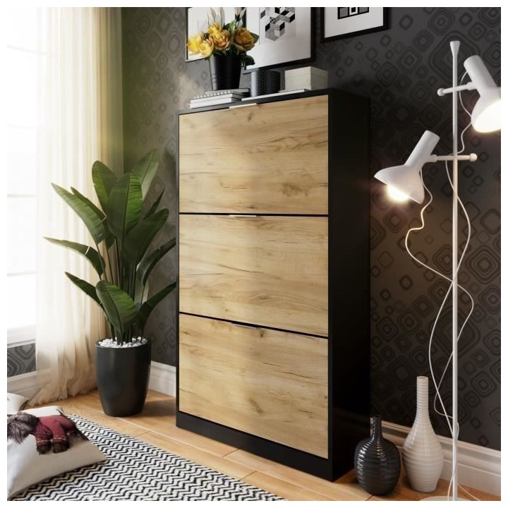 Meuble a chaussure 3 portes - Décor chene et noir - 75x25x128 cm - Le