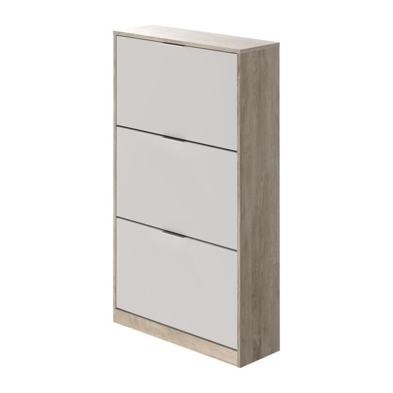 Meuble a chaussure 3 portes - Décor chene et blanc - 75x25x128 cm - Leona