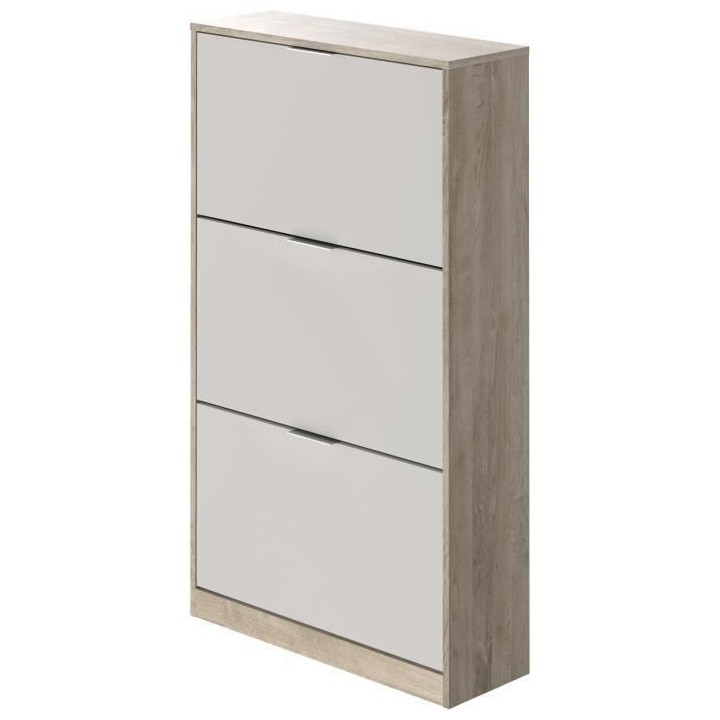 Meuble a chaussure 3 portes - Décor chene et blanc - 75x25x128 cm - L