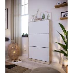 Meuble a chaussure 3 portes - Décor chene et blanc - 75x25x128 cm - Leona