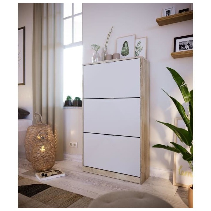Meuble a chaussure 3 portes - Décor chene et blanc - 75x25x128 cm - L