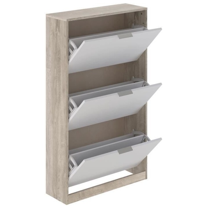 Meuble a chaussure 3 portes - Décor chene et blanc - 75x25x128 cm - L