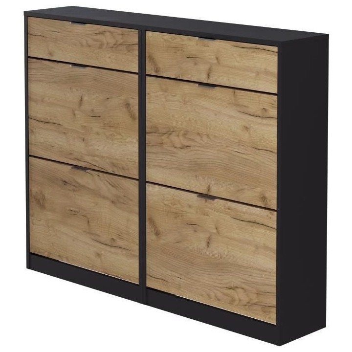 Meuble a chaussures - 4 portes 2 tiroirs - Chene et noir - 124x25x99 c