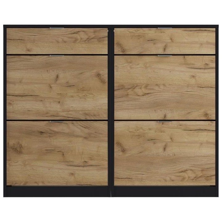 Meuble a chaussures - 4 portes 2 tiroirs - Chene et noir - 124x25x99 c