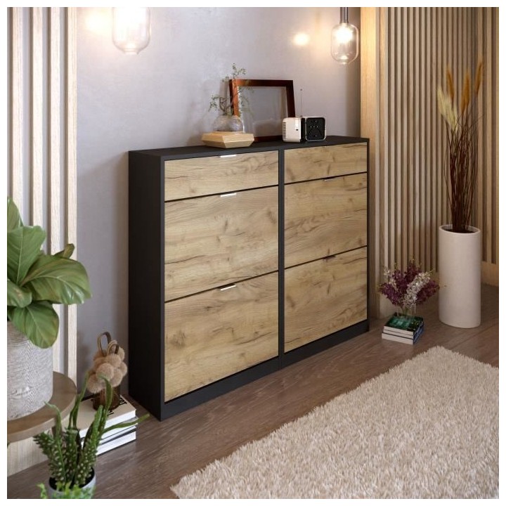 Meuble a chaussures - 4 portes 2 tiroirs - Chene et noir - 124x25x99 c