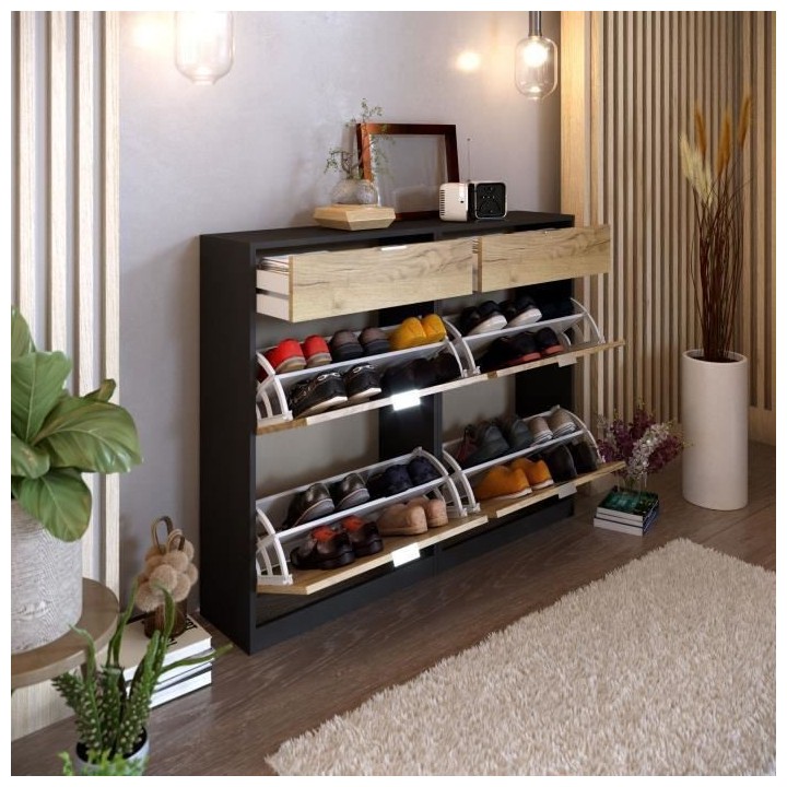 Meuble a chaussures - 4 portes 2 tiroirs - Chene et noir - 124x25x99 c