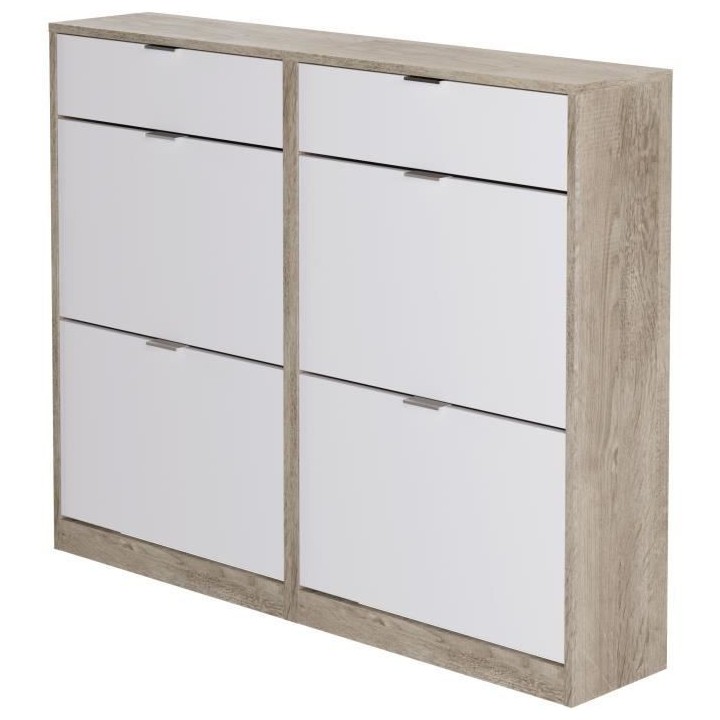 Meuble a chaussures - 4 portes 2 tiroirs - Chene et blanc - 124x25x99