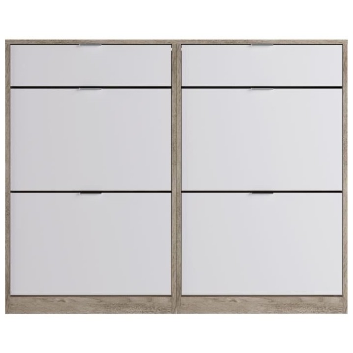 Meuble a chaussures - 4 portes 2 tiroirs - Chene et blanc - 124x25x99