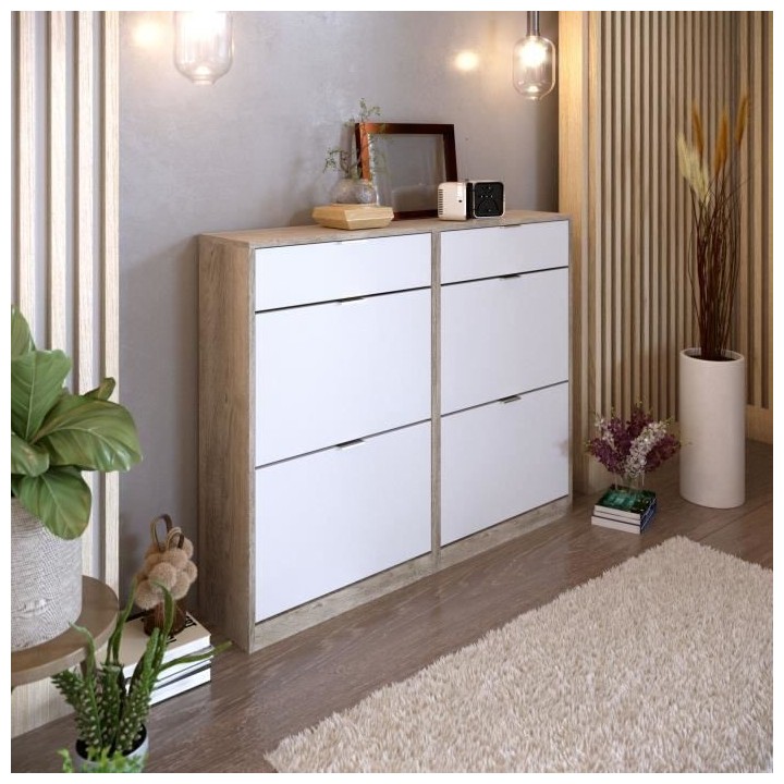 Meuble a chaussures - 4 portes 2 tiroirs - Chene et blanc - 124x25x99