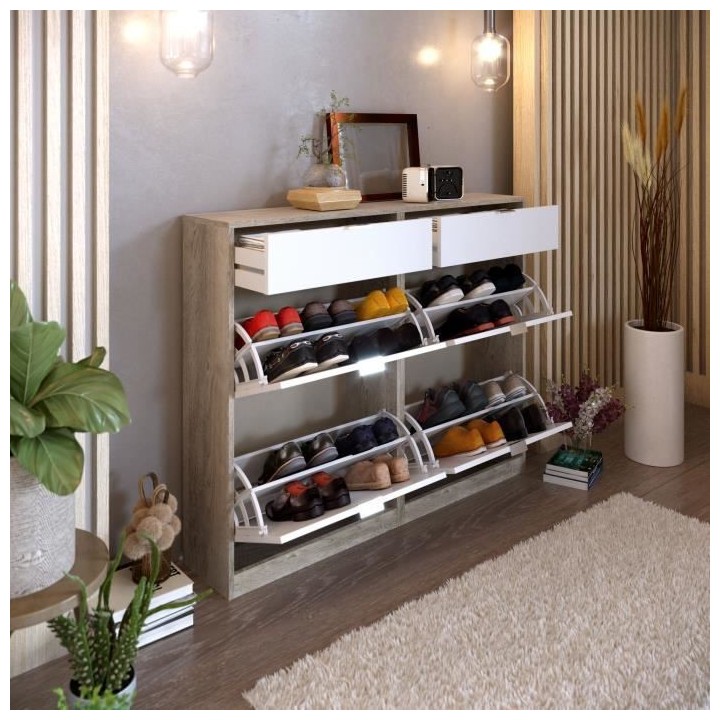 Meuble a chaussures - 4 portes 2 tiroirs - Chene et blanc - 124x25x99