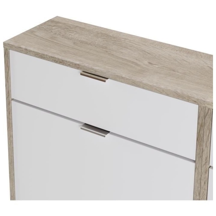Meuble a chaussures - 4 portes 2 tiroirs - Chene et blanc - 124x25x99