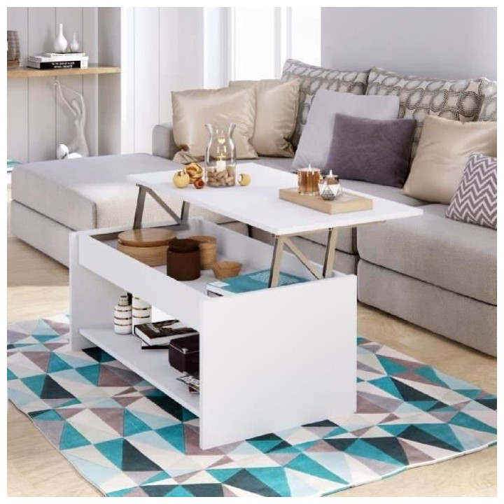 Table basse relevable - Style contemporain blanc mat - L 100 x P50 x H