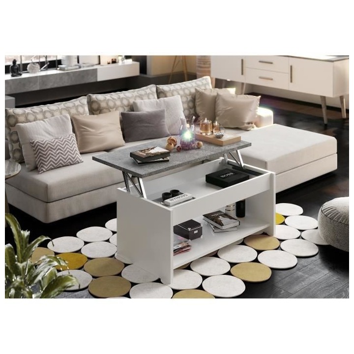 Table basse - Blanc et gris béton - Relevable - L 100 cm x P50 x H44c