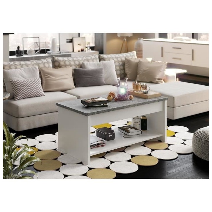 Table basse - Blanc et gris béton - Relevable - L 100 cm x P50 x H44c