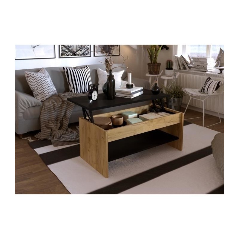 Table basse - Décor chene et noir - Relevable - L 100 x P 50 x H 44 cm - HAPPY