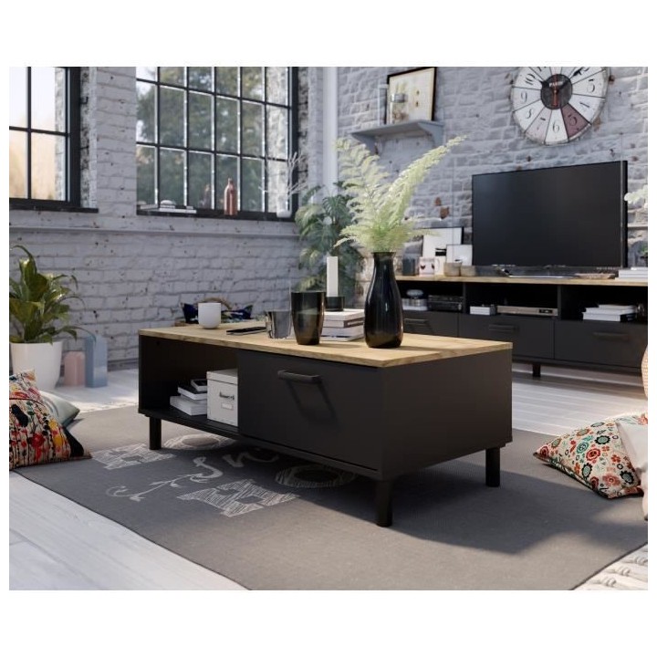 OXFORD Table Basse décor noir et chene - Style industriel - L 100 x P