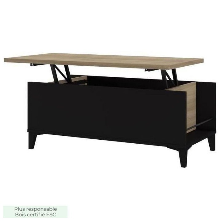 Table Basse avec Plateau Relevable - Noir/Chene - L 100 x P 50/72 x H