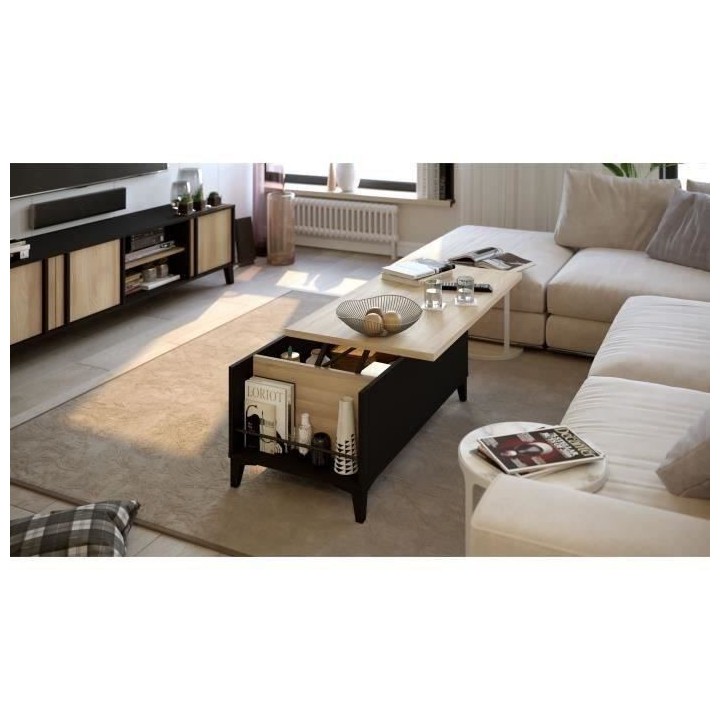 Table Basse avec Plateau Relevable - Noir/Chene - L 100 x P 50/72 x H