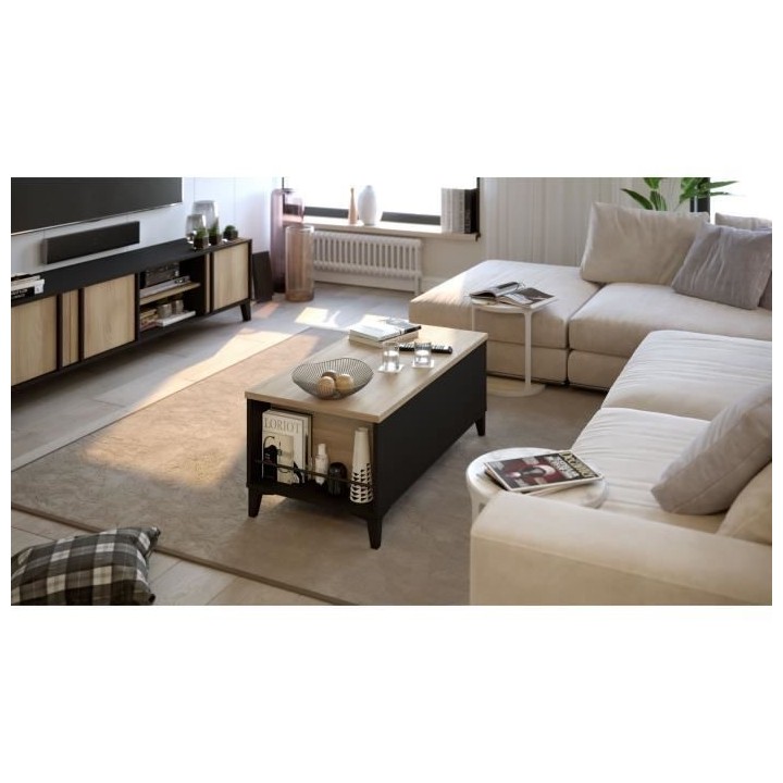 Table Basse avec Plateau Relevable - Noir/Chene - L 100 x P 50/72 x H