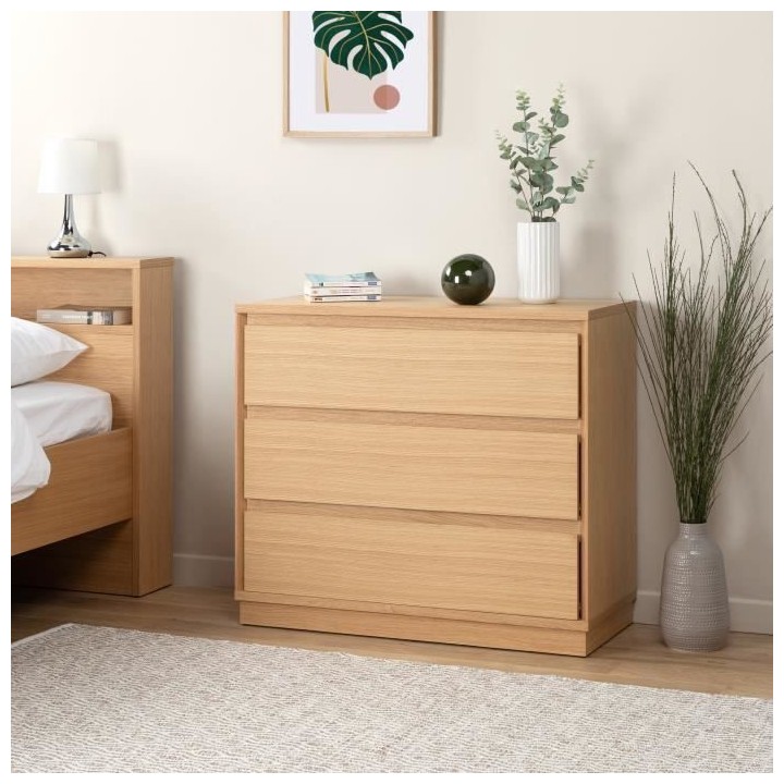 Commode 3 tiroirs - En panneaux de particules - Placage chene - Classi