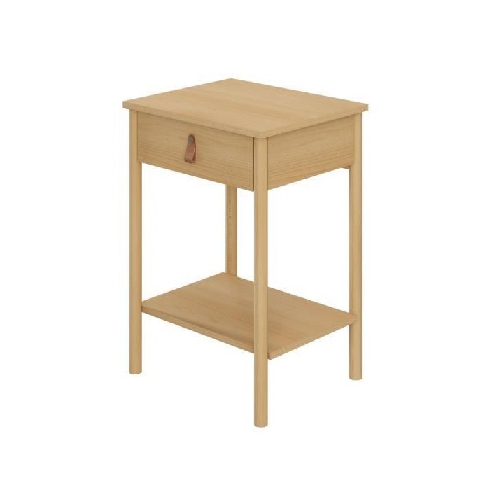 Table de Chevet 1 tiroir - Bois et melamine avec poignée en cuir - L