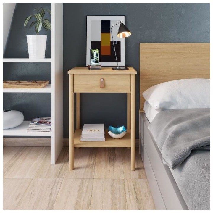 Table de Chevet 1 tiroir - Bois et melamine avec poignée en cuir - L