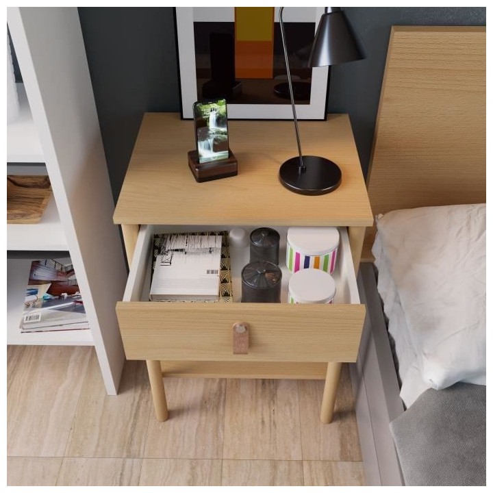 Table de Chevet 1 tiroir - Bois et melamine avec poignée en cuir - L