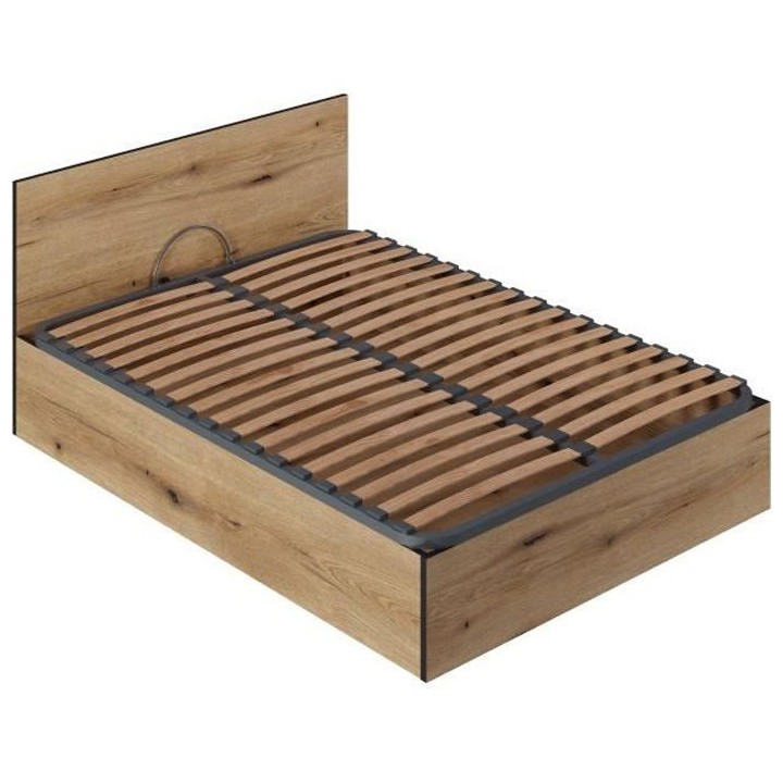 Lit Coffre 140x190 en bois + Tete de lit - Chene Rustique - Sommier a