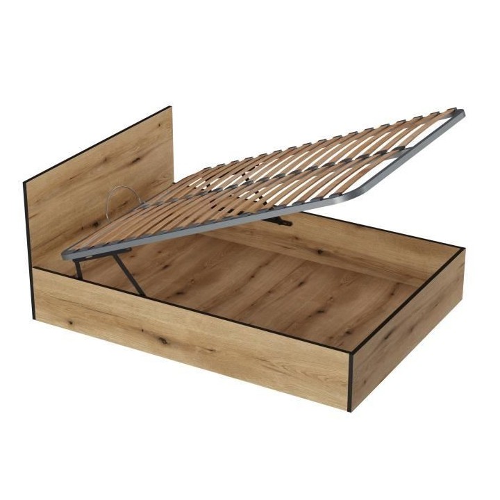 Lit Coffre 140x190 en bois + Tete de lit - Chene Rustique - Sommier a