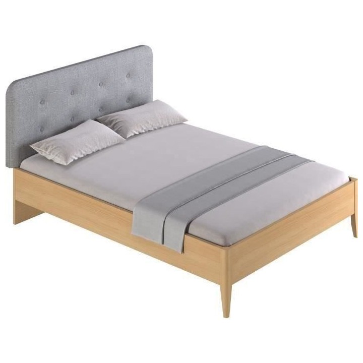 Lit adulte EVA - 140x190 cm - Hetre massif/mélamine- Tete de lit tiss