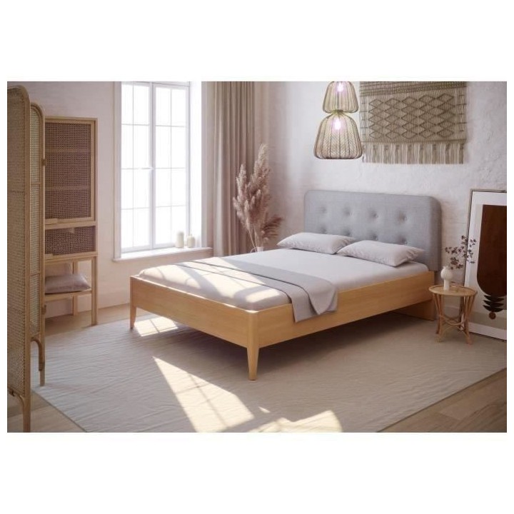 Lit adulte EVA - 140x190 cm - Hetre massif/mélamine- Tete de lit tiss