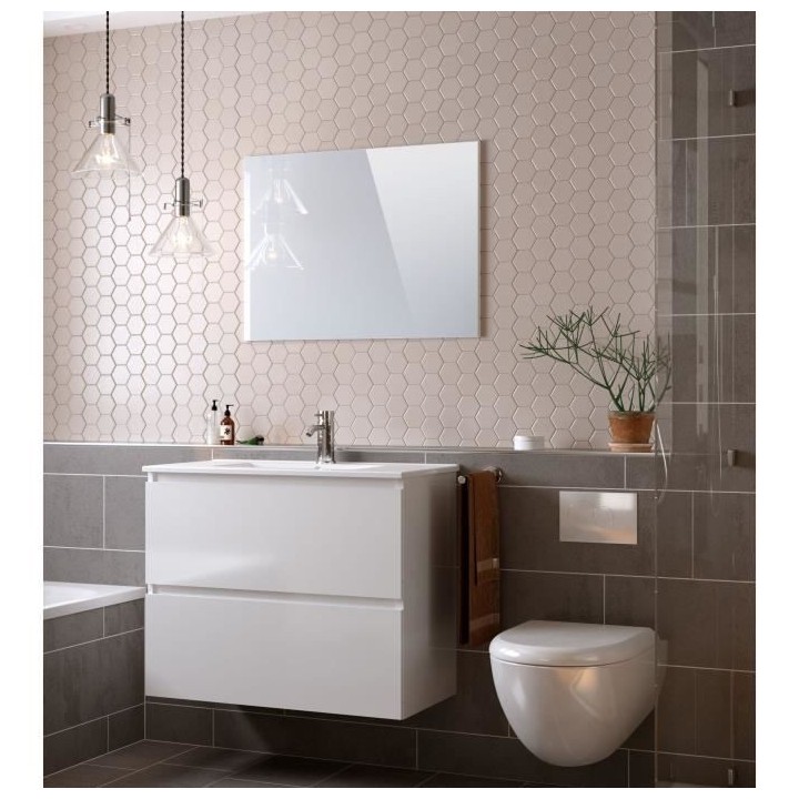 MYSTIC Meuble vasque 2 Tiroirs - Décor Blanc brillant - L 81 x P 47 x