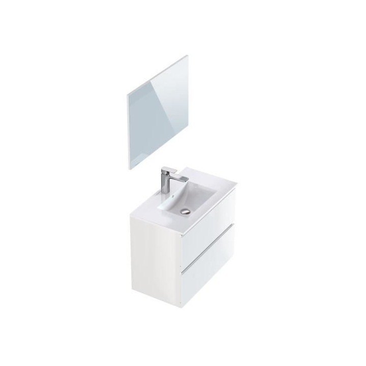 MYSTIC Meuble vasque 2 Tiroirs - Décor Blanc brillant - L 81 x P 47 x