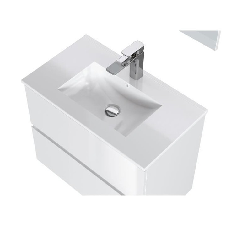 MYSTIC Meuble vasque 2 Tiroirs - Décor Blanc brillant - L 81 x P 47 x