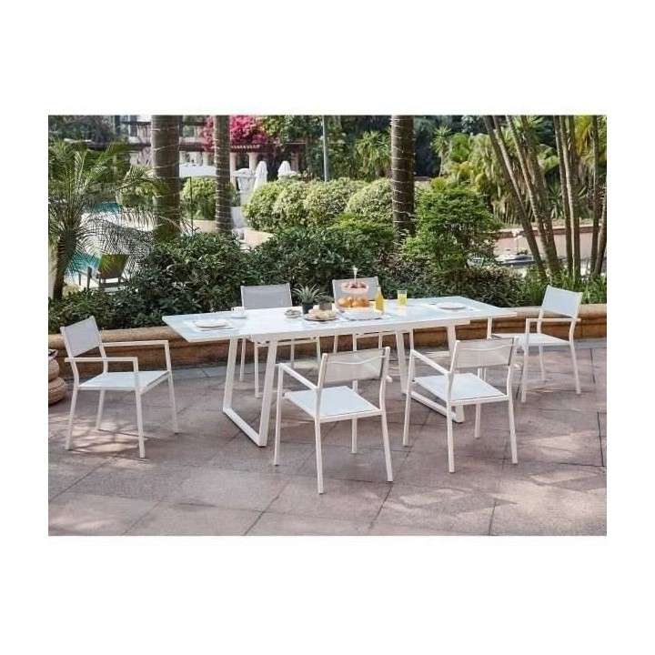 Salon de jardin 6 personnes - table extensible alu. avec plateau en ve