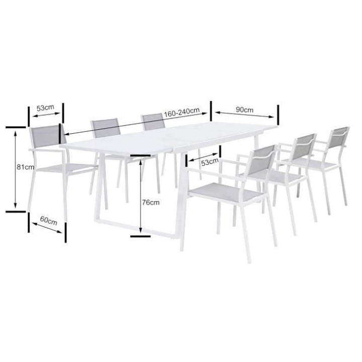 Salon de jardin 6 personnes - table extensible alu. avec plateau en ve
