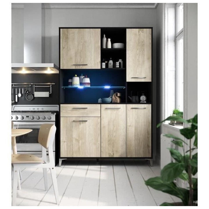 ECO Buffet de cuisine avec LED L 120 cm - Décor chene et noir mat