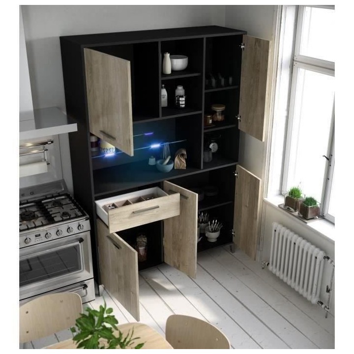 ECO Buffet de cuisine avec LED L 120 cm - Décor chene et noir mat