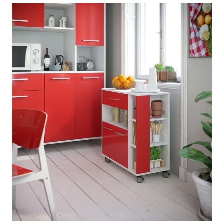 ECO Desserte 2 portes 1 tiroir - Blanc et rouge - L 80 x P 39 x H 87 c