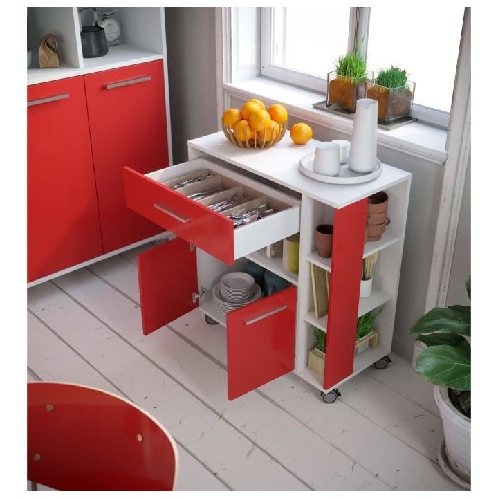 ECO Desserte 2 portes 1 tiroir - Blanc et rouge - L 80 x P 39 x H 87 c