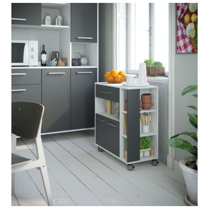 ECO Desserte 2 portes 1 tiroir - Blanc et gris - L 80 x P 39 x H 87 cm