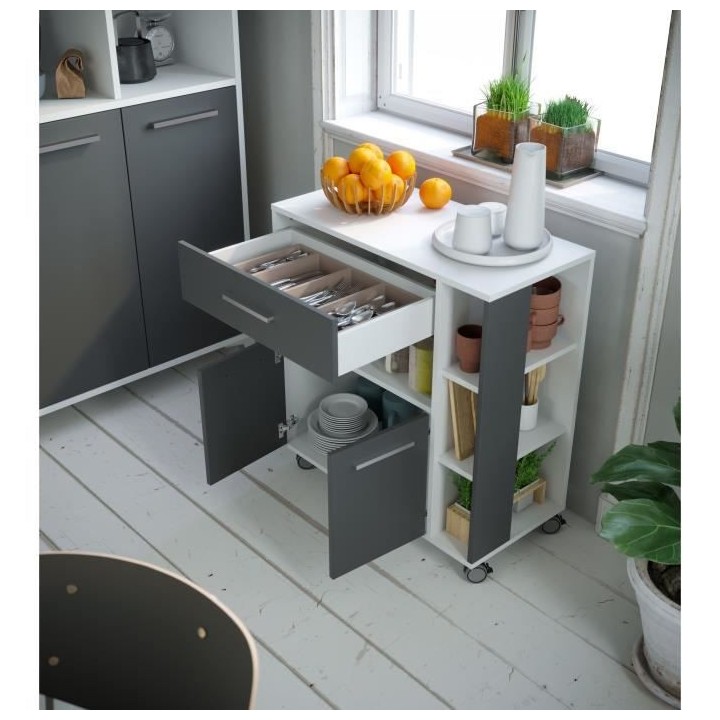 ECO Desserte 2 portes 1 tiroir - Blanc et gris - L 80 x P 39 x H 87 cm